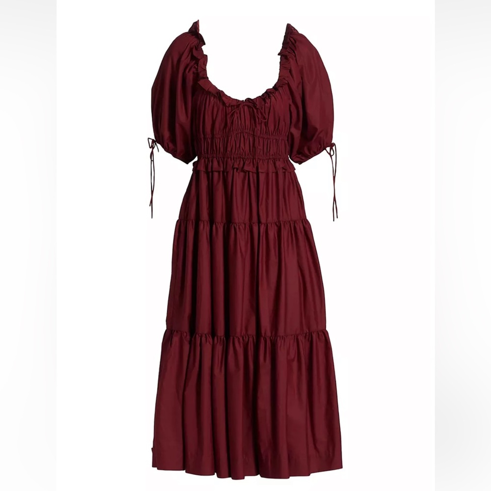 Maroon En Saison Puff Sleeve Tiered Cotton Midi-Dress, Size M
